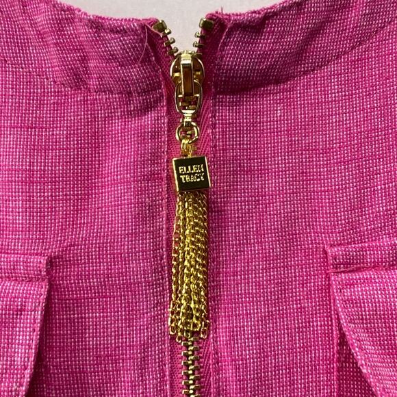 Ellen Tracy Pink Linen Cotton Top S Gold Zip Tassel 3/4 Sleeve Pockets Slit Back - Picture 5 of 16